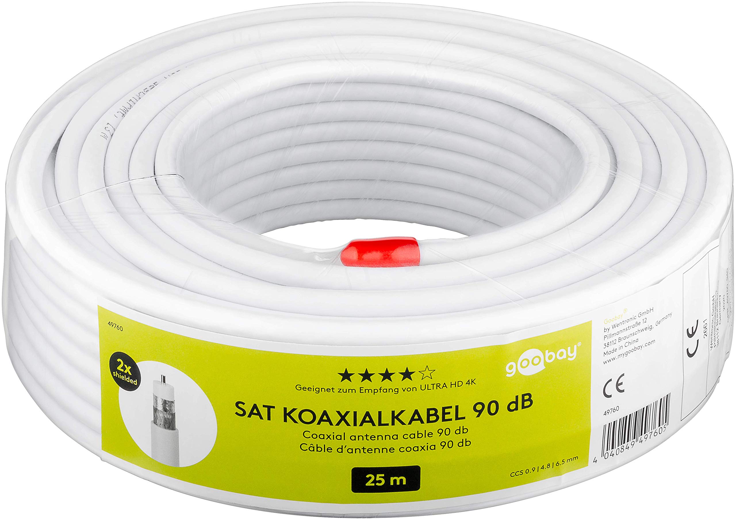 Goobay 49760 SAT Coaxial Cable 25m Double Shielded 90dB CCS Coax TV HDTV DVB-T DVB-S Cable TV Radio Internet BK DAB 75 Ohms CPR Eca Fire Protection Class White 1x1 BNC Male-to-Female Connector