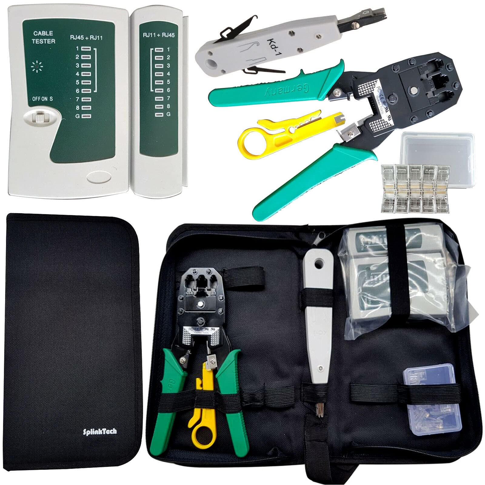 UK-TECH Multipurpose Tool Kit Case -Crimping Cutter Tool with Stripper –RJ45 Punch Down Tool -Network Cable Tester - Modular Plug Network Connector -All in One Networking Apparatus, Gold