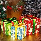 GUOOU Set of 3 Lighted Gift Boxes Christmas Decorations, 60 LED Lighted Snowflake Christmas Tree Present Boxes, Christmas Home Gift Box Decorations