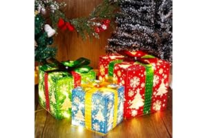 GUOOU Set of 3 Lighted Gift Boxes Christmas Decorations, 60 LED Lighted Snowflake Christmas Tree Present Boxes, Christmas Home Gift Box Decorations