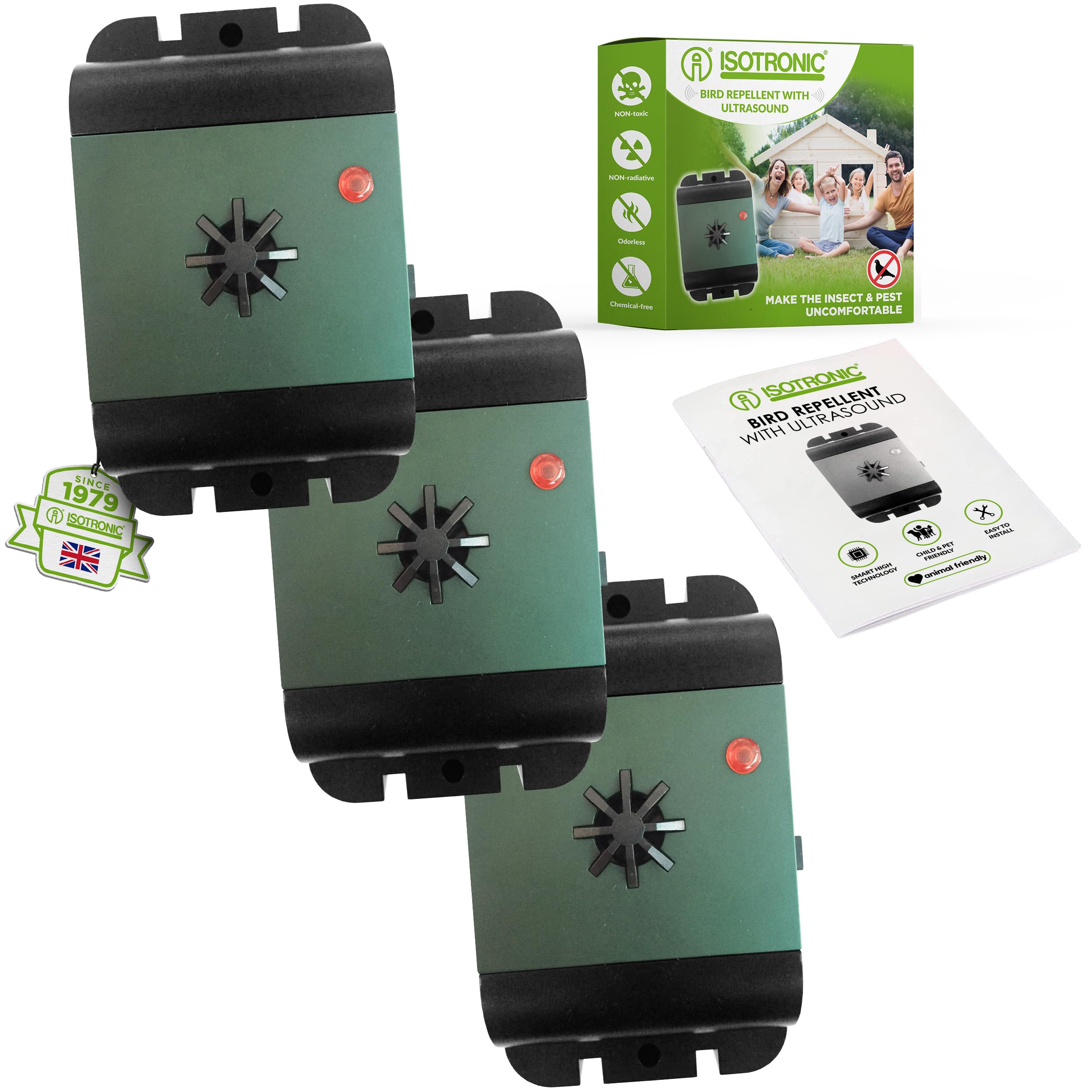 ISOTRONIC® Ultrasonic Bird Repeller device, Battery powered portable Bird Deterrent, Pack of 3 Pcs.