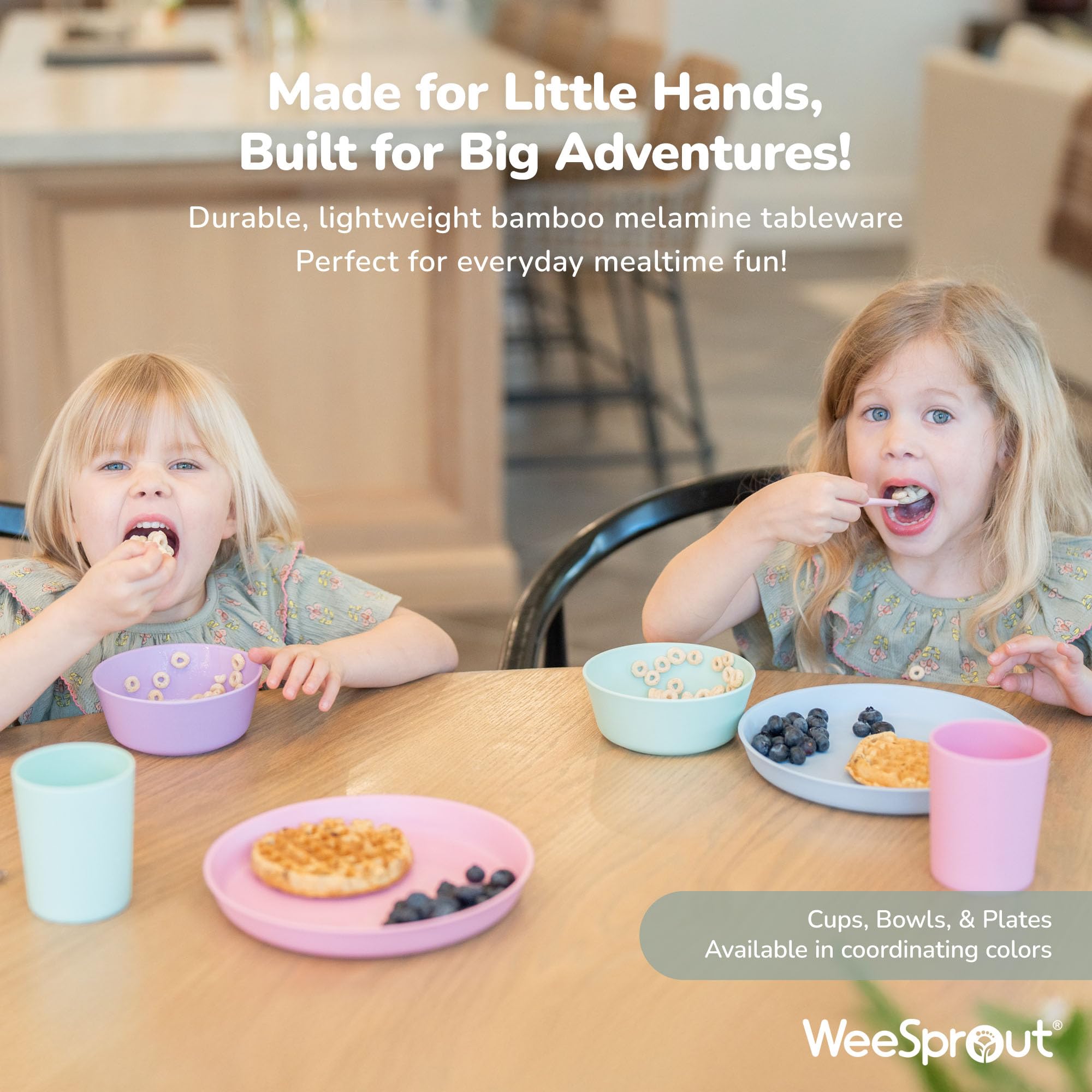 WeeSprout Bamboo Plates, Set of 4, Kid-Sized Dinnerware, Dishwasher Safe Melamine Dishware (Blue, Green, Gray, & Beige, Without Lids)