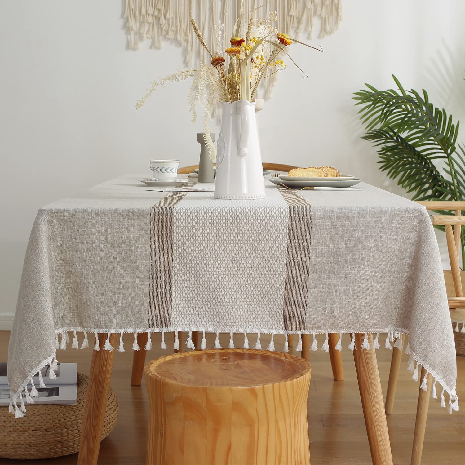 Pahajim Tablecloths Rectangular Cotton Linen Wrinkle Free Checkered Tassel Tablecloth Middle Embroidery Washable Table Cover for Kitchen, Dinning Tabletop Decoration (55 x 87 inch)