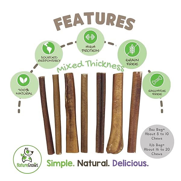 NATURE GNAWS BULLY STICKS FOR DOGS 5-6″ (8OZ) – MIXED THICKNESS – LONG LASTING FOR AGGRESSIVE CHEWERS AND LARGE DOGS – NATURAL BEEF DOG CHEW BONES