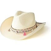 Gossifan Women's Woven Straw Cowboy Hat w/Beaded Trim Band Hat Beach Holiday Sun Hats