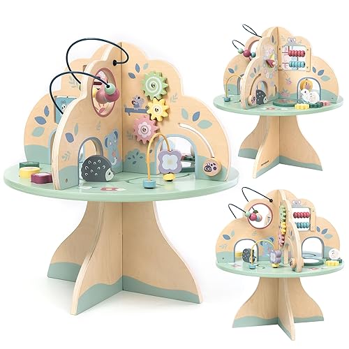 Mamabrum Educational Activity Table – Multifunctional Wooden Tree Cube, 4 Play Zones with Shape Sorter, Abacus, Motor Loop, Clock and Gears, Learning Colours and Numbers, For Toddlers 12+ Months
