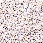 Luyoaozy 1000pcs Number Beads - Round Acrylic 0-9 Mixed Beads for DIY Jewelry Making Bracelets, Necklaces, Keychains (White-Gold)