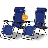 SereneLife Zero Gravity Chairs Set of 2 &ndash; Foldable Mesh Recliners with Cup Holder Tray, Removable Pillows &amp; Steel Frame &ndash; Outdoor Lawn Seating for Patio, Garden, or Poolside &ndash; Blue