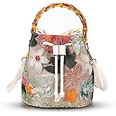 Crossbody Bags for Women, Beach Bag, Hand Embroidered Tot Bag, Natural Bamboo carry handle Bucket bag, Bohemian Handbags for Women Vacation Travel Daily Matching(Silver Flowers)