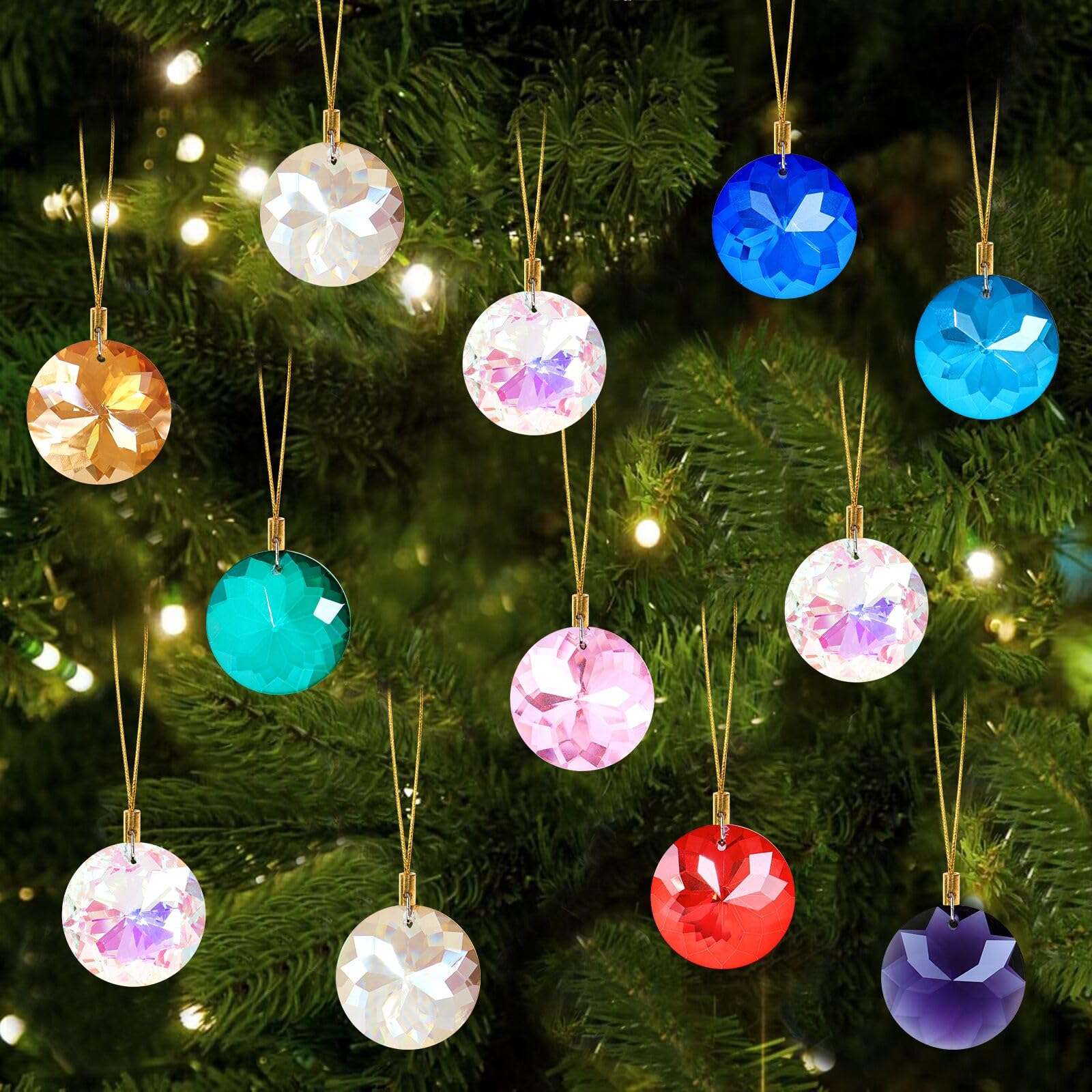 LOMOHOO Christmas Tree Crystal Decorations 12PCS Christmas Baubles 3CM Crystal Glass Baubles Christmas Balls Ornaments Suncatcher Hanging Ornaments for Wedding Party Windows Xmas Tree Decorations