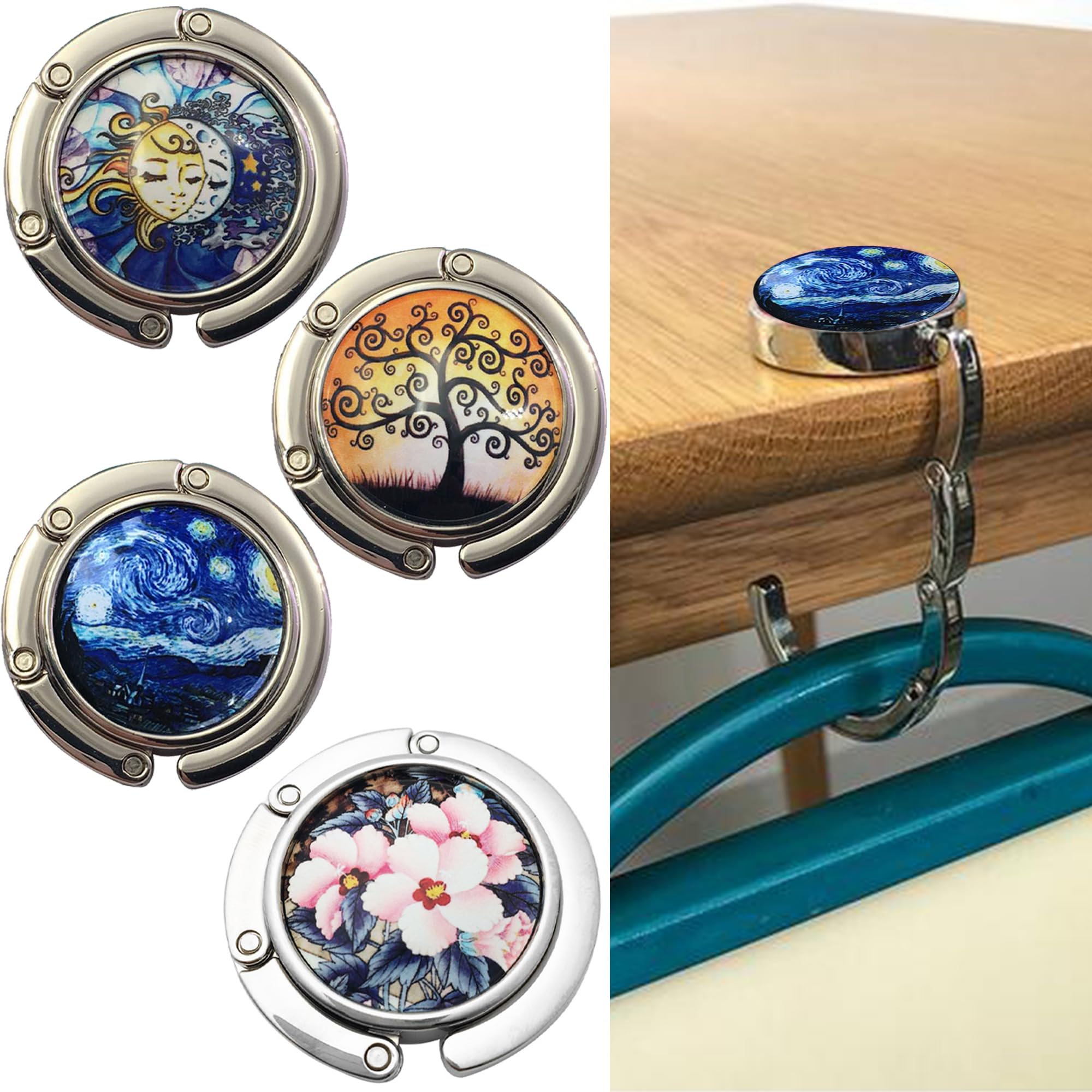 SUQ 4 Pack Foldable Purse Hooks for Table, Portable Handbag Hooks, Mini Heavty Duty Handbag Hangers, Metal Bag Hanger for Storage, Table/Desk, Restaurant Office Coffee Shop, for Women/Girls