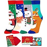 HAPPYPOP Christmas Socks for Teens - Holiday Sock Gift Ideas for Boys Girls 4 Pack with Card