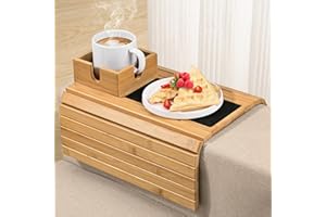 Joy&Grace Sofa Armrest Tray with Large Mug Holder, Bamboo Couch Arm Tray, Anti-Slip Couch Cup Holder Foldable Sofa Arm Table for Eating Drinks Cellphone (Color Natural)
