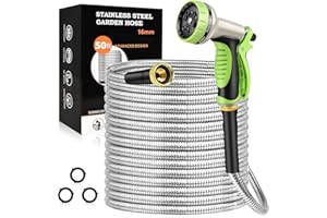 GOXAWEE Garden Hose 50FT, Stainless Steel Heavy Duty Water Hose With 10 Function Nozzle, No-Kink, Tough & Flexible, Sturdy and Lightweight, Rust Proof for Yard, Outdoor, RV