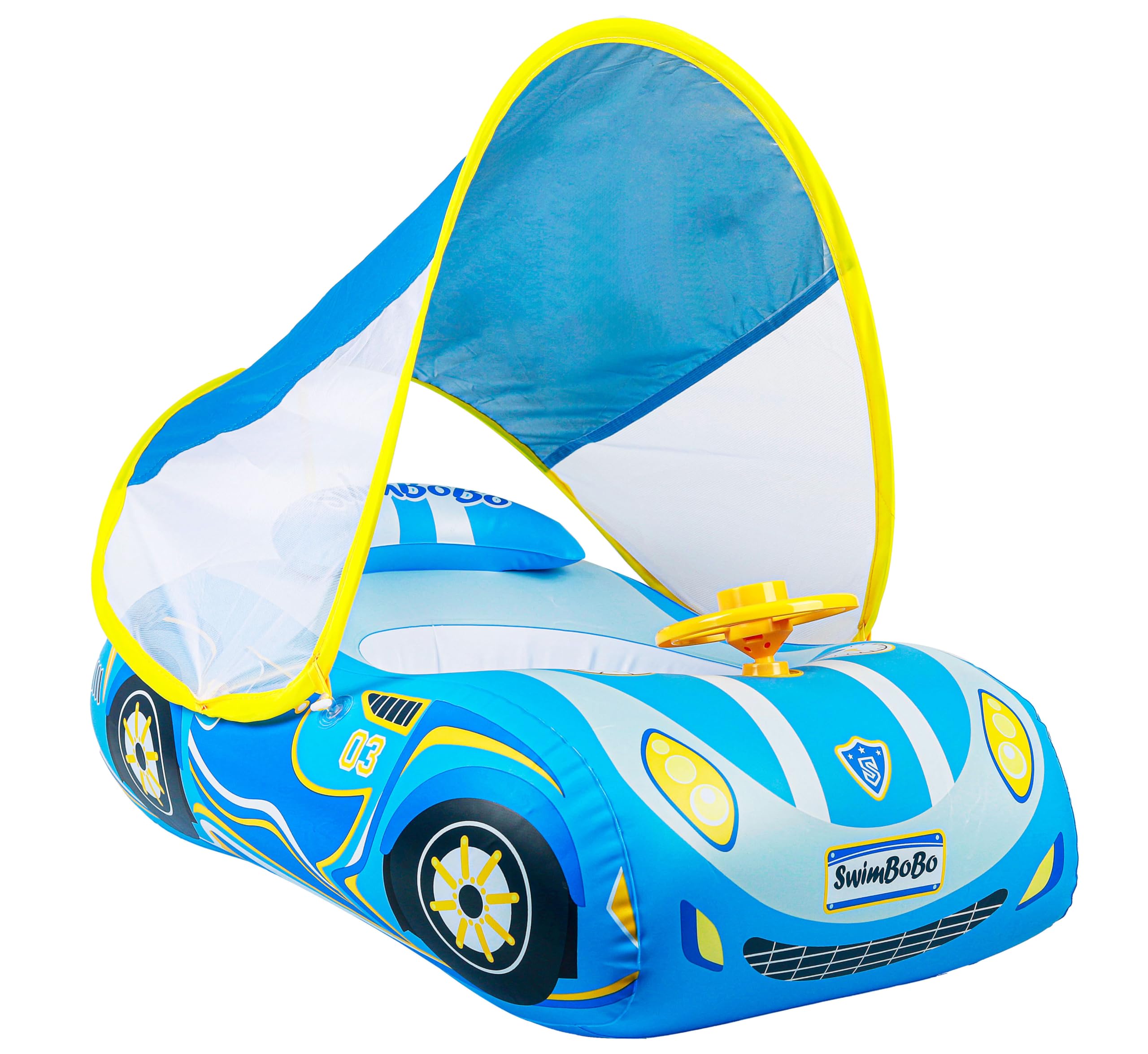Baby Swimming Float, Toddler Baby Inflatable Pool Float with Sun Canopy Seat for 1-4 Years, Baby Boy Inflatable Baby Swimming Ring Pool Float for 12-48 Months Toddler Kids (Blue Car)
