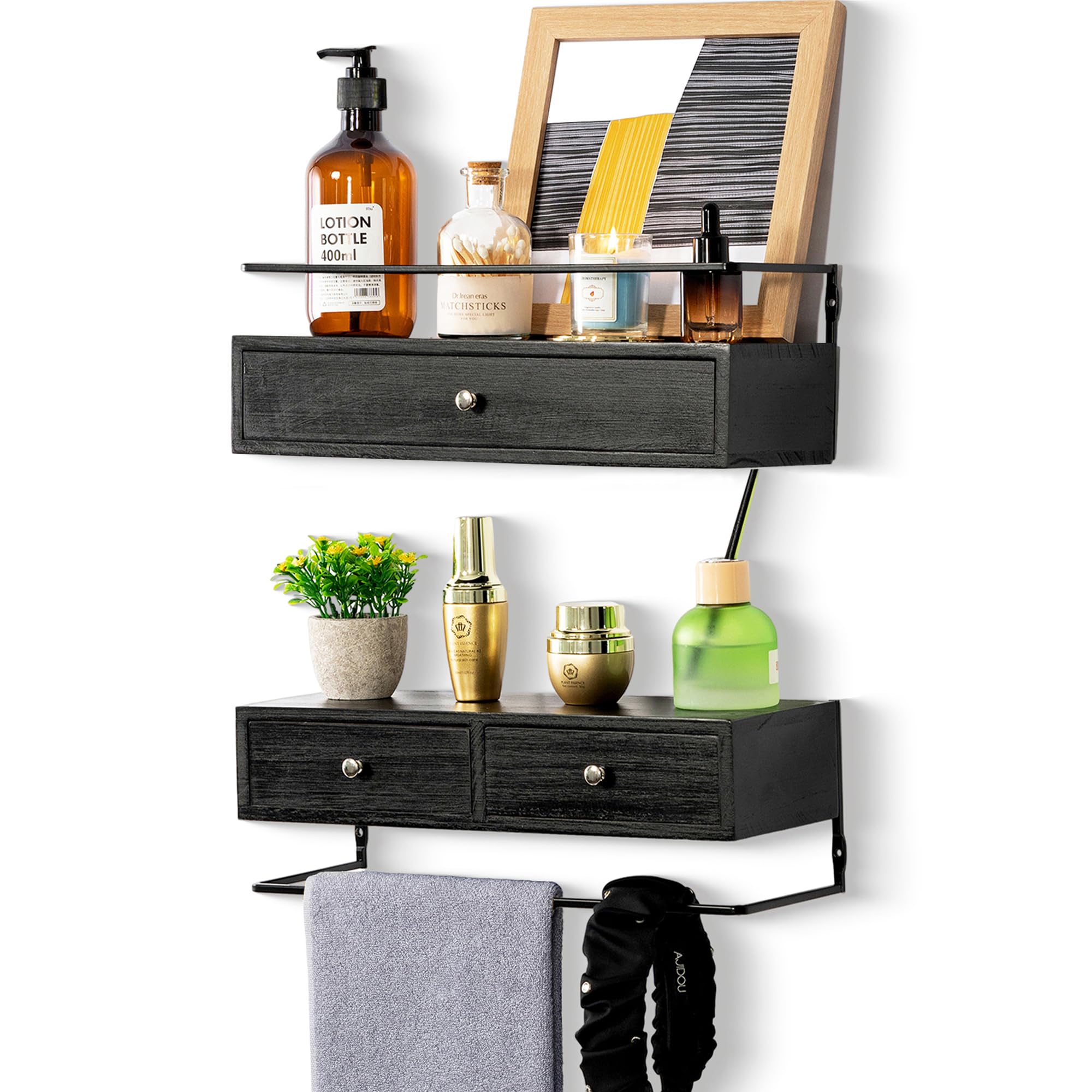 Photo 1 of dreampossible Floating Shelves for Wall Storage, Wall Mounted Bathroom Shelf with Drawers Set of 2, Rustic Wood Wall Shelves for Bedroom, Living Room, Kitchen, Home Decor, Plants, Books (Black)