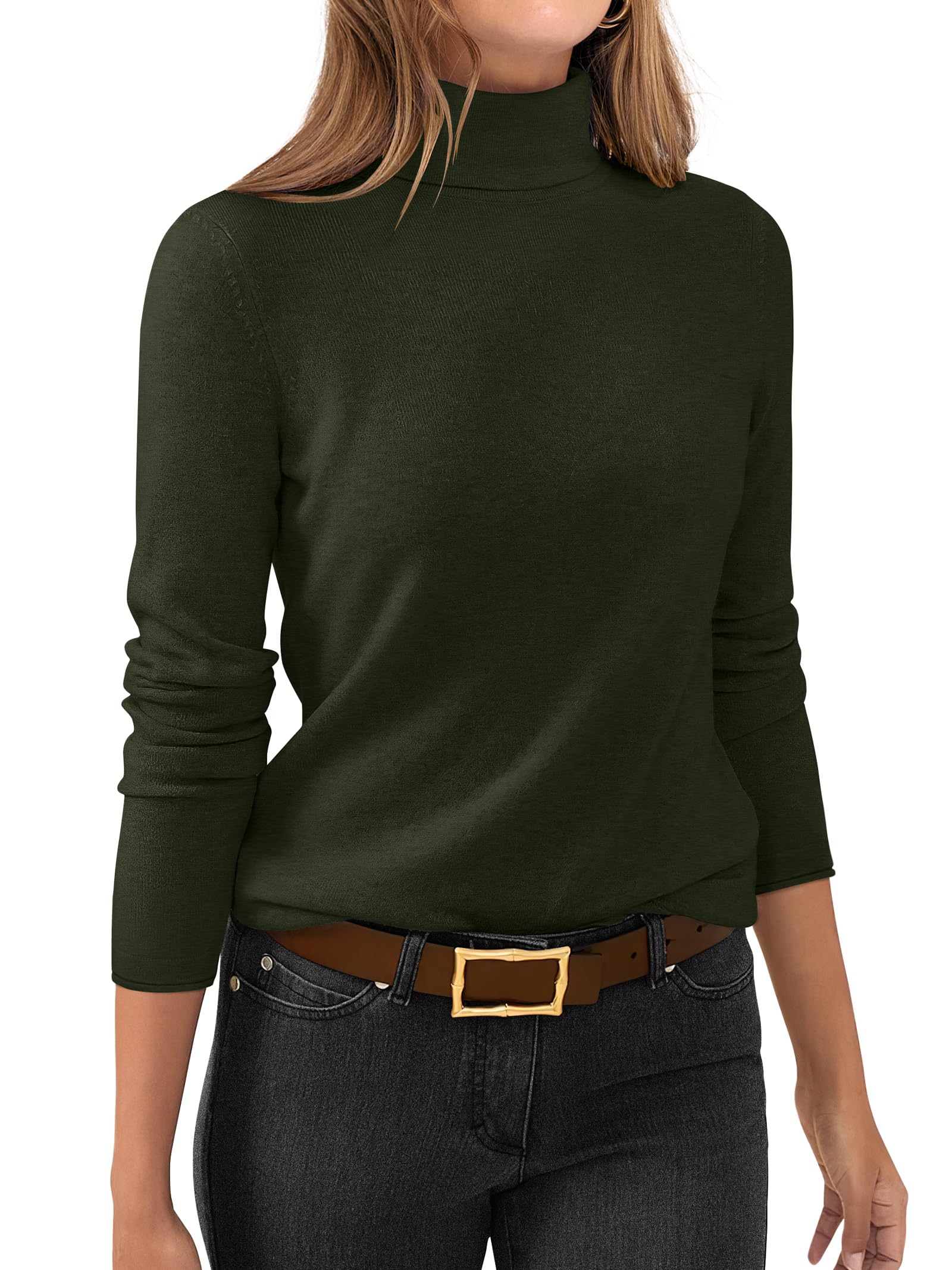 Photo 1 of ANRABESS Womens Turtleneck Long Sleeve Sweater Tops Casual Soft Knit Fit Lightweight Basic Pullover 2025 Fall Work Outfits Dark Army Green-L