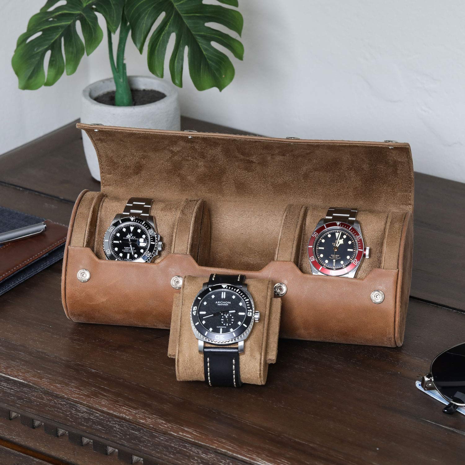 ROTHWELL Watch Roll Travel Case for 3 Watches | 100% Real Leather, Tough Portable Protection, Fits All Wrist Watch & Smart Watches Up to 50mm (Tan/Tan)