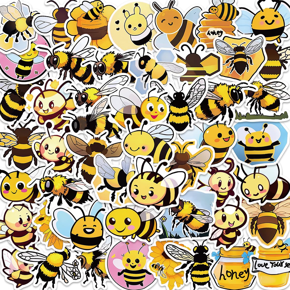 50Pcs Bee Stickers Laptop Car Scrapbook Phone Skateboard Suitcase Luggage Bike Bee Stickers Vinyl Waterproof Aesthetic Personalised Stickers for Teens Boys Girls Adults Children