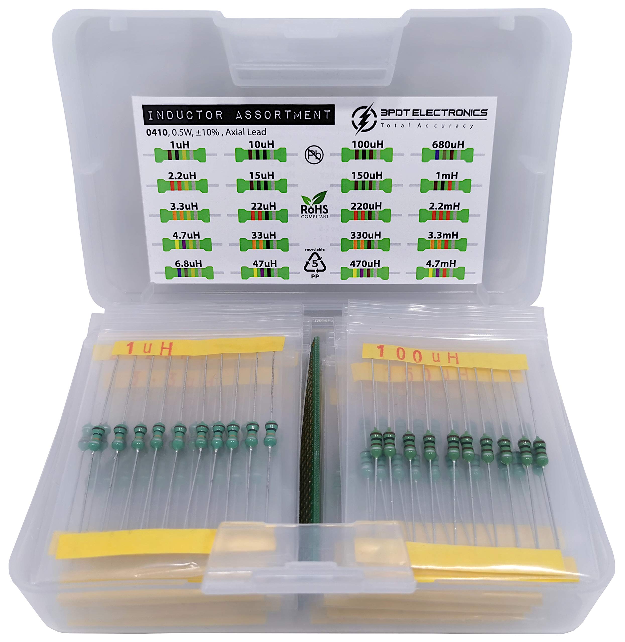 200 pcs Inductor Large Assortment 20 Values 1uH to 4.7mH 1/2w 0.5w