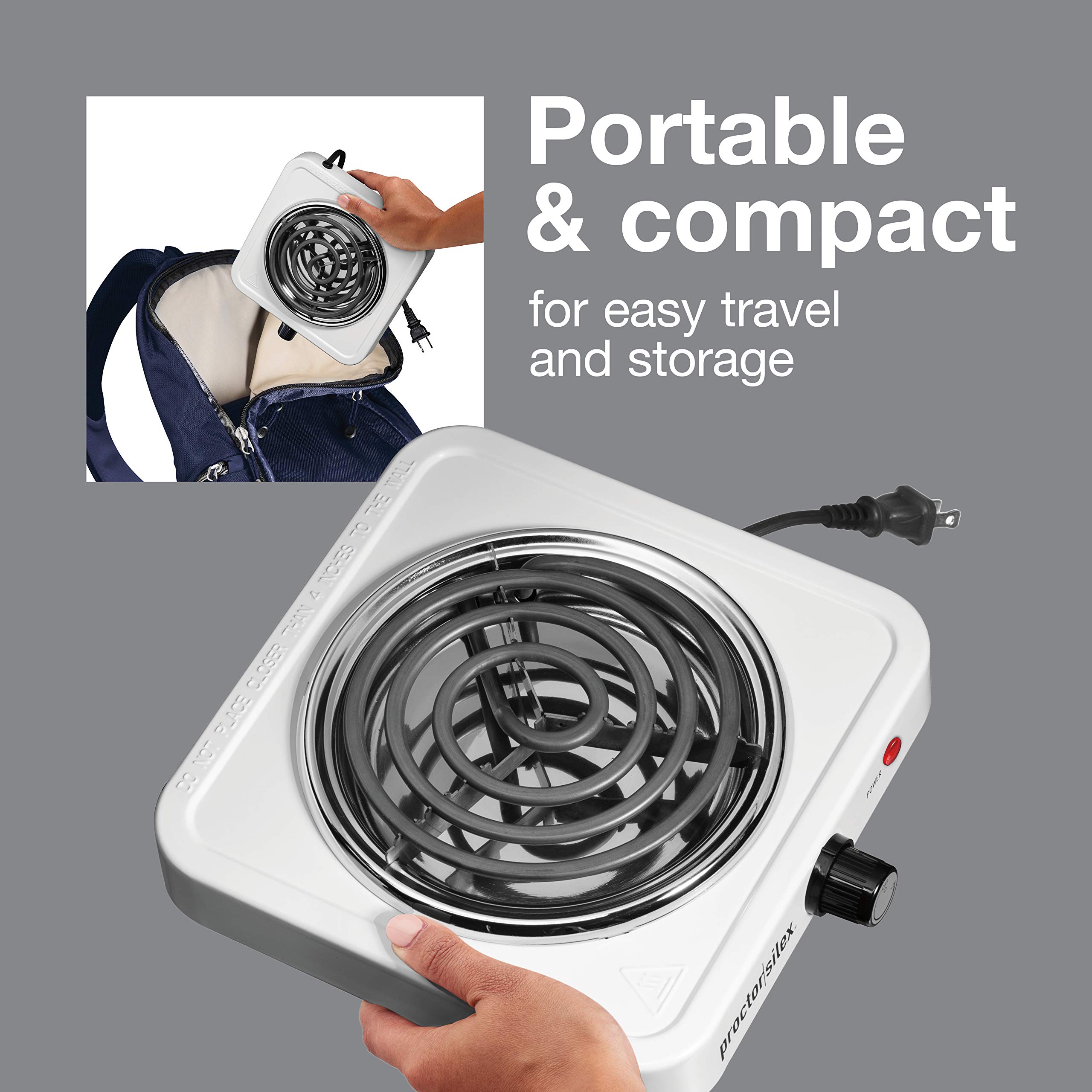 Proctor Silex Portable Electric Stove, Stainless Steel Single Burner Cooktop, Compact, Adjustable Temperature Hot Plate, 1200 Watts, White (34106)