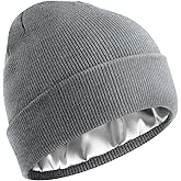 Satin Lined Beanie for Women Men, Cotton Knit Winter Hat Silk Lining Soft Warm Cuffed Fisherman Beanies Hats Skull Cap