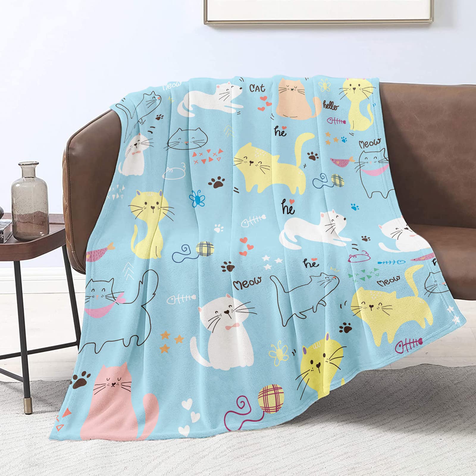 Domgoge Cat Fleece Throw Blanket for Women Toddler Gifts Idea Lovers Cute Meow Print Blankets Kids Soft Flannel Couch Lightweight All Season, 130cm x 152cm, Blue Cat