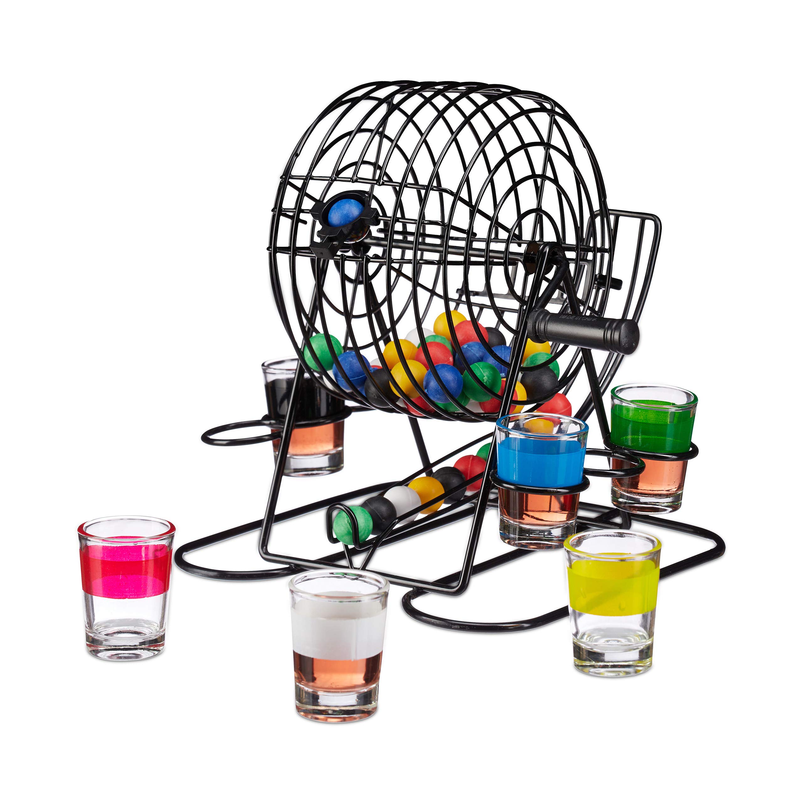 Relaxdays Bingo Cage Drinking Game, Lottery Wheel with Crank Handle and Mount, 6 Shot Glasses, 48 Balls, Fun Party Game, Colourful
