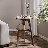 ChooChoo Round End Table for Small Spaces, Narrow Side Table, Accent Table Night Stand with 2 Tier Shelf for Bedroom and Living Room, Walnut