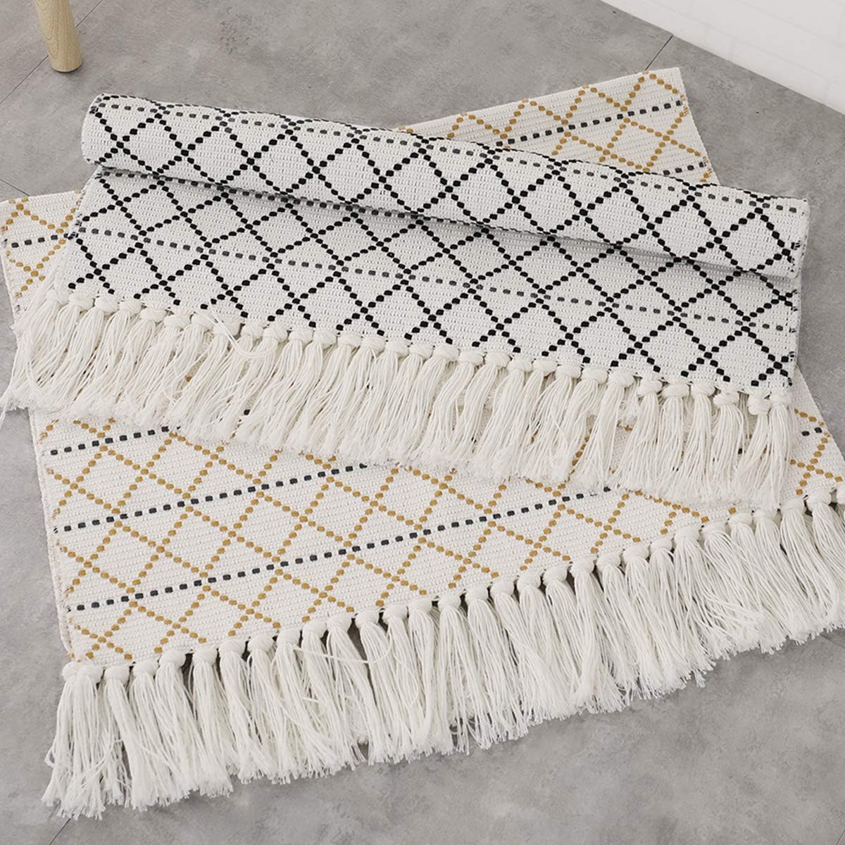 SEEKSEE Boho Tassel Cotton Accent Rug, Geometric Pattern Hand-Woven Rug, Washable Cotton Rug for Hall, Living Room, Kitchen, Bedroom(23.6X35.4 Inch, Black): Kitchen & Dining