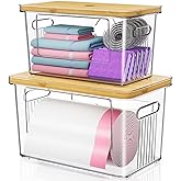 2 Pack Trash Bag Holder with Bamboo Lid, Stackable Acrylic Trash Bag Dispenser Roll Holder Under Sink, Plastic Container Garbage Bags Storage Organizer for Kitchen, Pantry, Laundry Room Organization