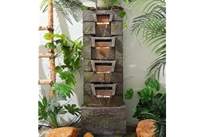 YUMT 44.5" Garden Water Fountain Outdoor Fountains with LED Lights 4 Tier Modern Floor Standing Fountain Outdoor Waterfall Fountain for Garden, Yard, Patio, Home Decor, Yellow