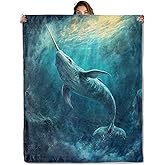 Elegant Narwhal Blanket 50x60 in, Ocean Wildlife Design, Flannel Throw Blankets for Travel Camping Sofa Living Room Decor, Lightweight Cozy Soft Fuzzy Gifts for Women Girls Boys Nature Lovers