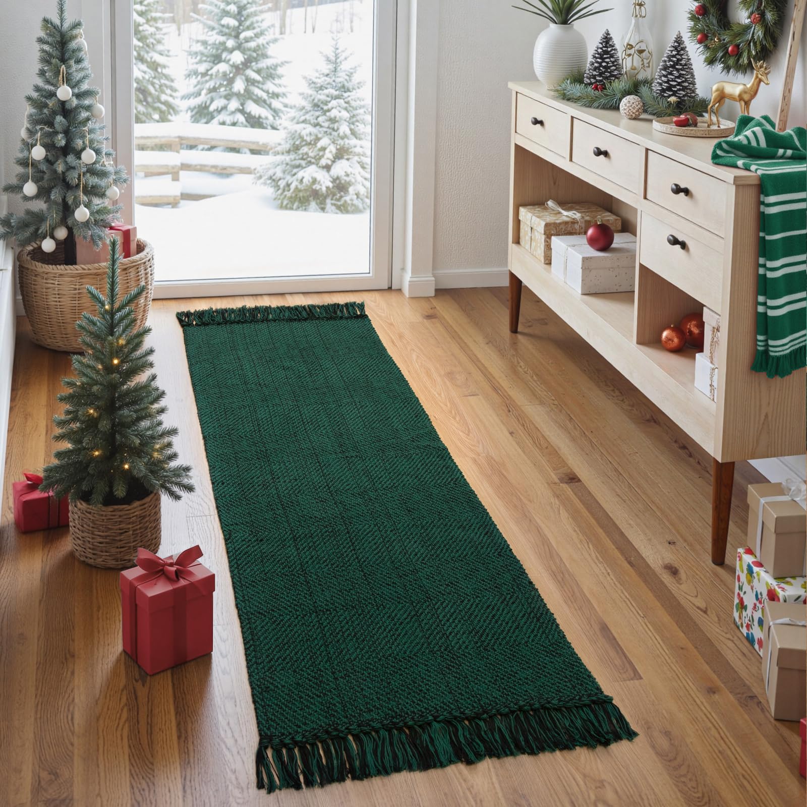 Collive Christmas Kitchen Runner Rug, Green Washable Runners for Hallways 2 x 5 Soft Bedroom Carpet, Farmhouse Laundry Room Rugs for Entryway Bathroom Front Door Image