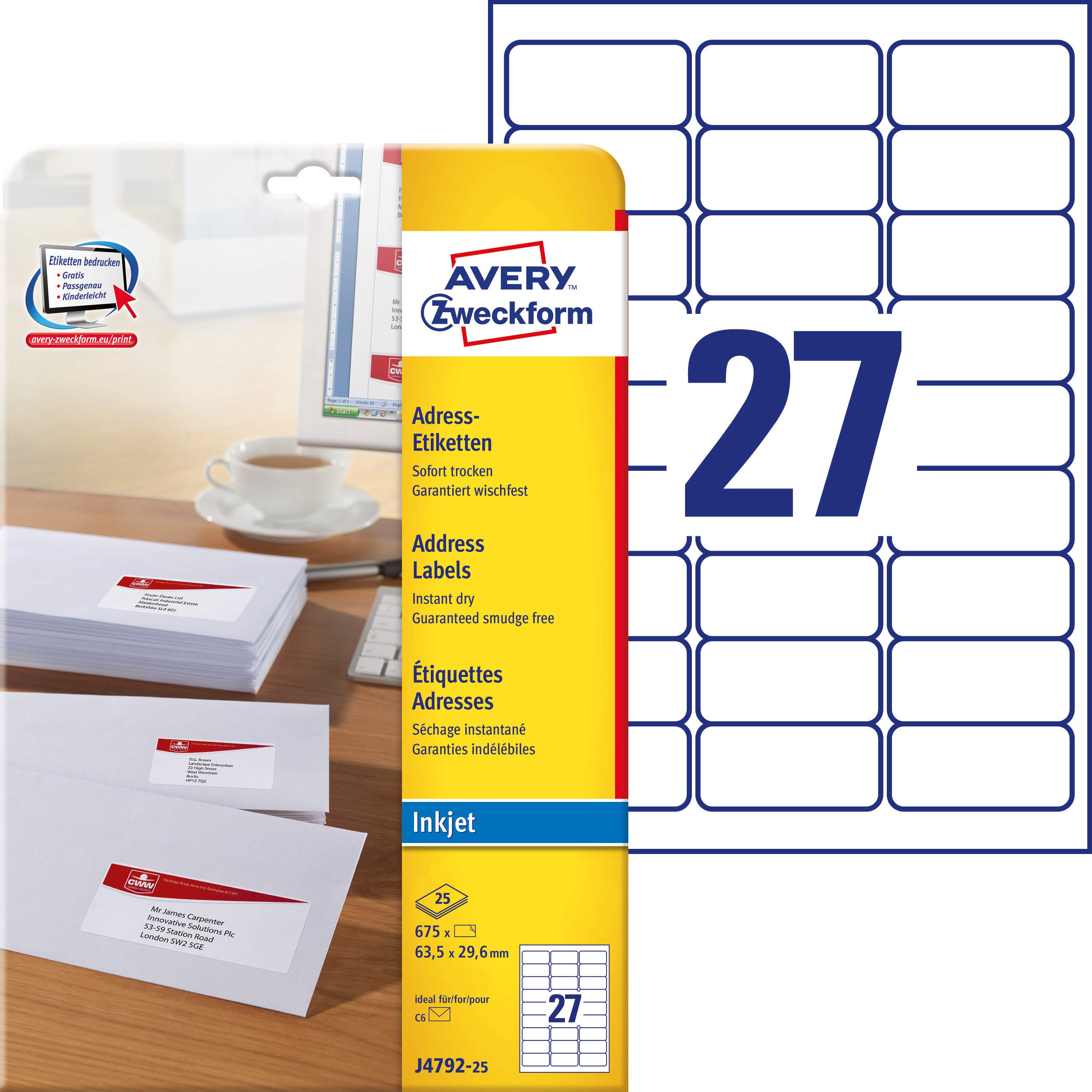Avery Zweckform J4792-25 Address Labels (63.5 x 29.6 mm 25 Sheets White Matt Paper Pack of 675