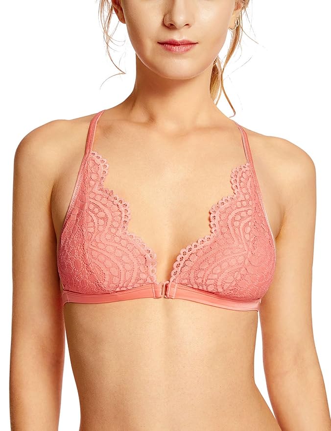 ELVINNA Damen Spitze bügellos Licht Einlagen Vorderverschluss Triangel Bralette BH