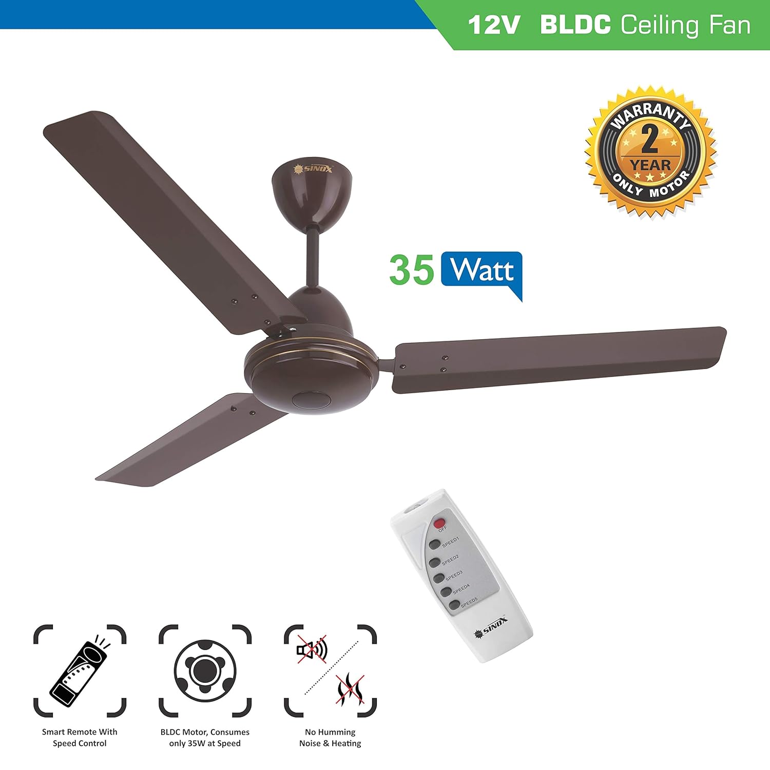 Buy Sinox 12V DC BLDC Ceiling Fan with Remote Control Brown Online at