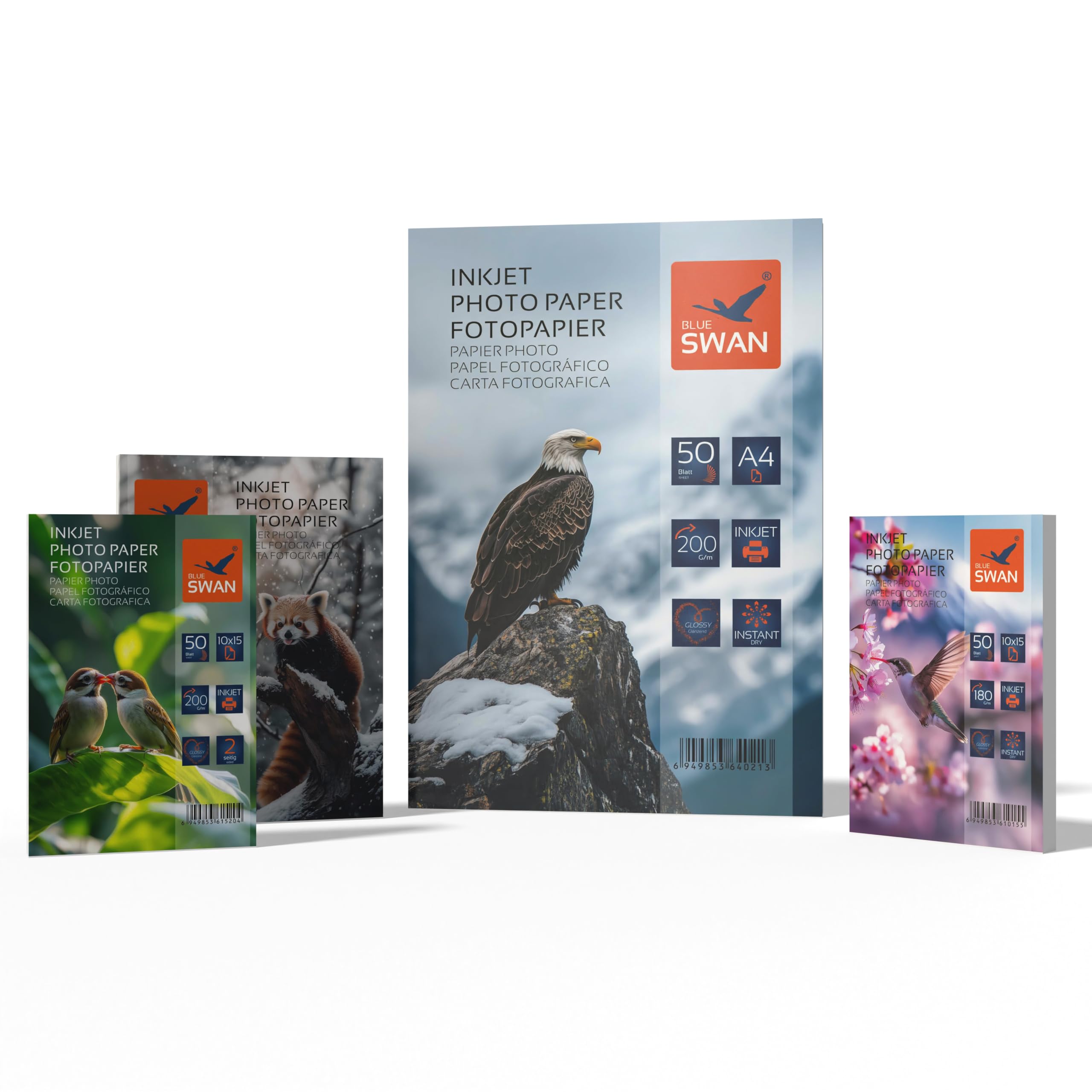 BLUE SWAN Photo Paper Value Combo Pack, 200 Sheets – Mixed Sizes & GSM (A4, 13×18, 10×15 cm) – High Gloss Coating, Quick-Dry, Water & Scratch Resistant – Inkjet Printer Compatible