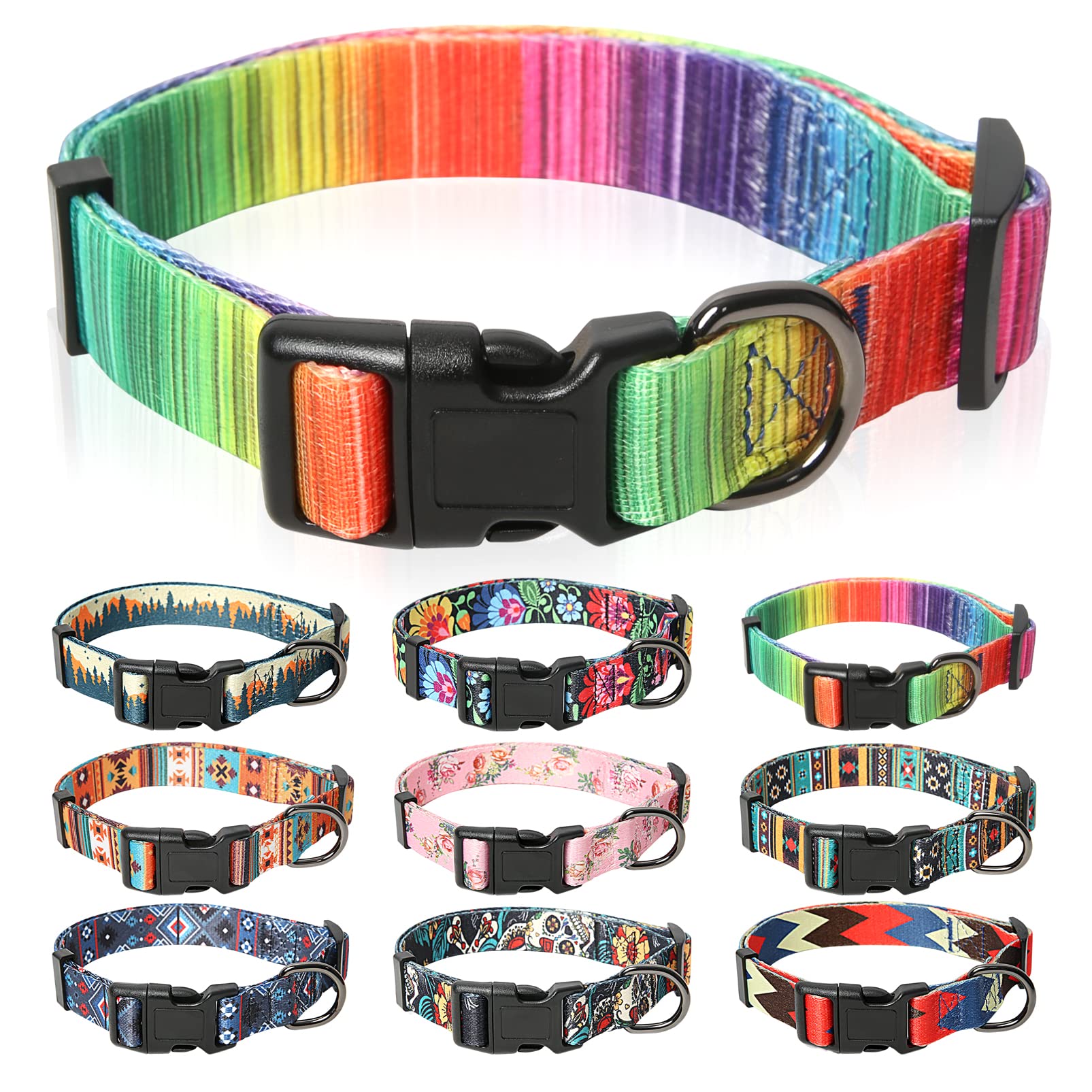 HEELE Dog Collar Medium Multi-Colour Patterned Soft Comfy Dog Pet Collars Easy Adjustable Collar for Small Medium Dogs Indoor Outdoor Activities, Rainbow, M