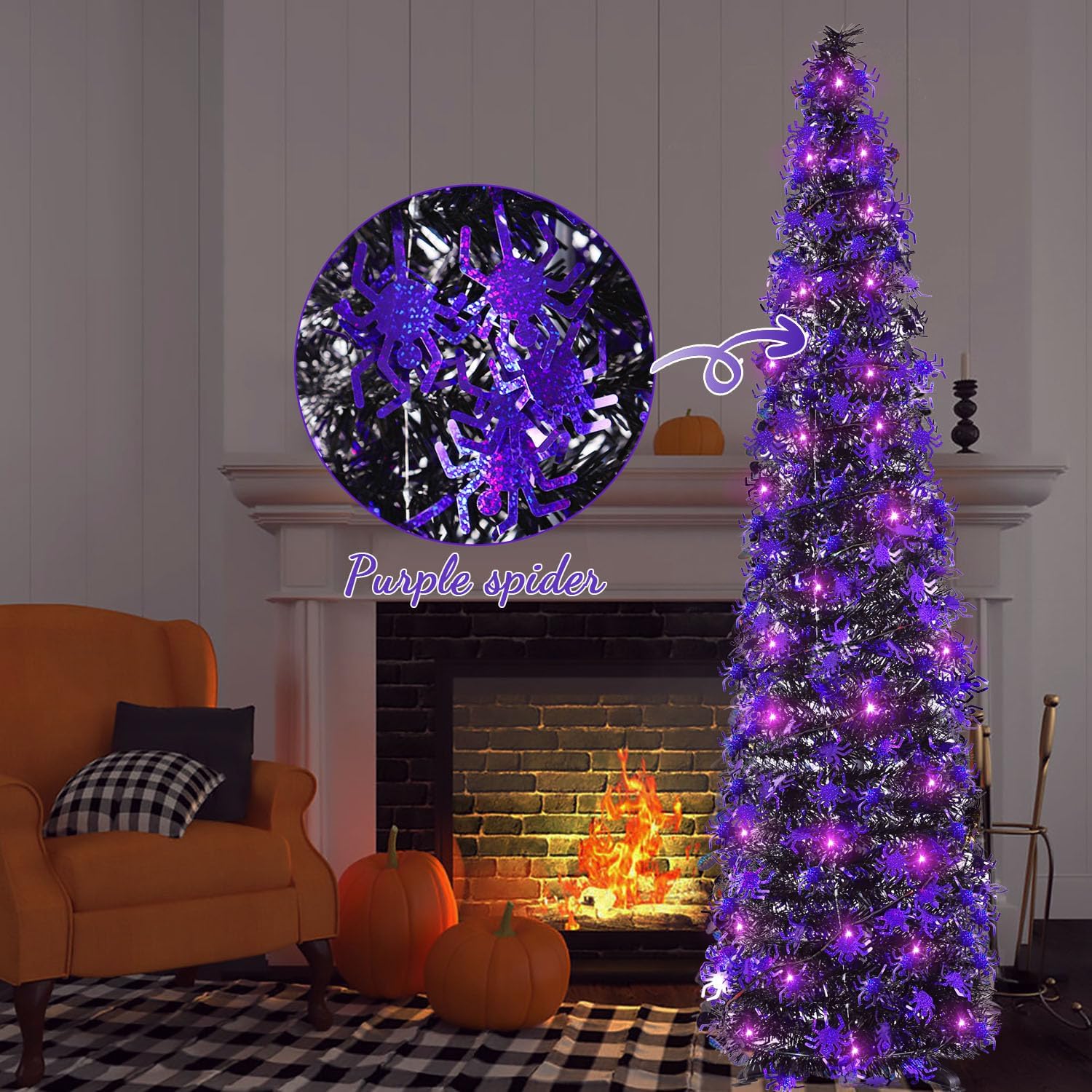 Trees - HMASYO 5 Foot Black Tinsel Halloween Christmas Tree with 50 Purple LED Lights - Collapsible Pop Up Purple Spider Sequins Artificial Pencil Halloween Tree Decorations for Xmas Home Fireplace Party