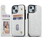 ZCDAYE for iPhone 15 Wallet Case with Card Holders,PU Leather Double Magnetic Clasp Kickstand Trendy Girly Women Case for iPhone 15,Blue Flowers