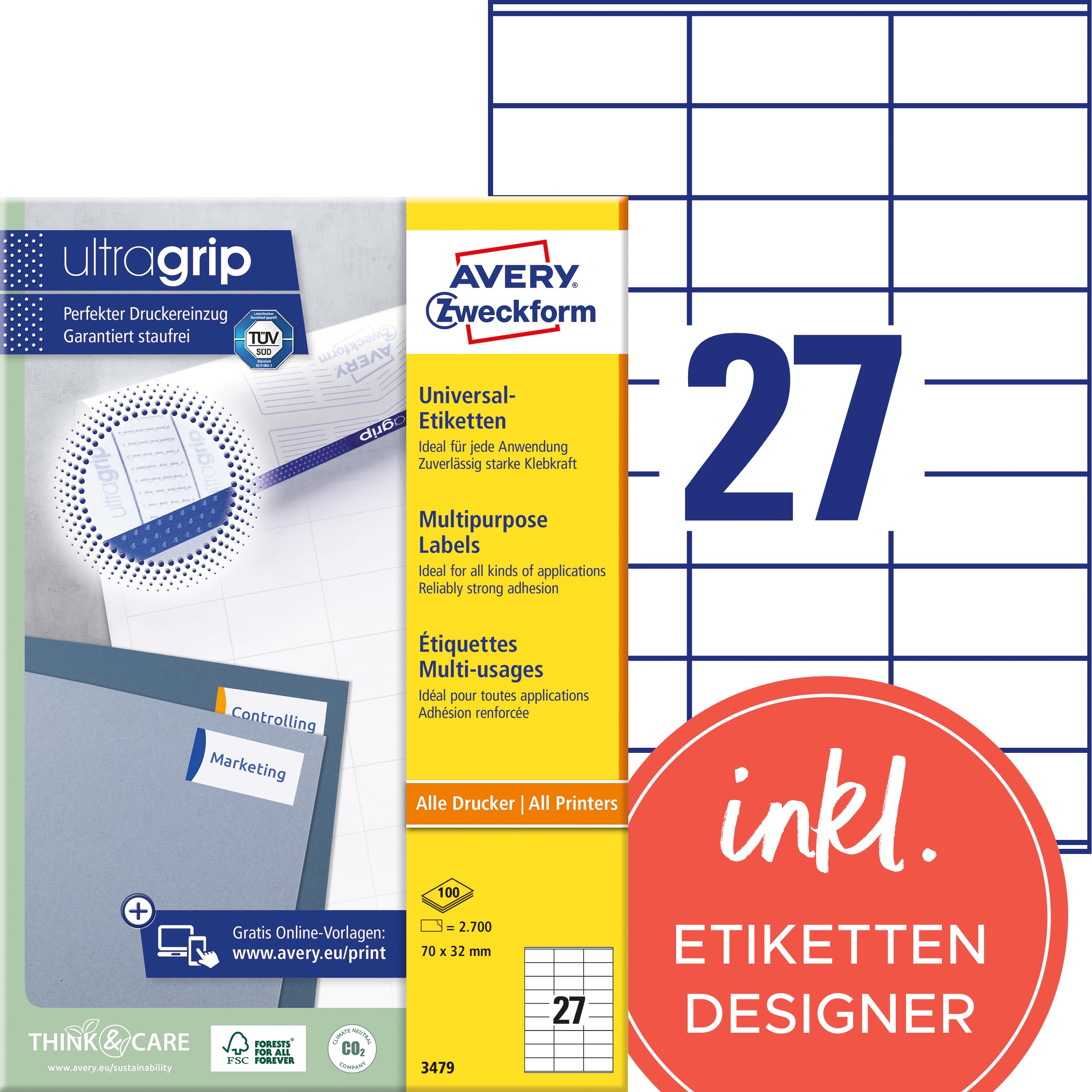 Avery Zweckform 3479 Universal Labels 100 Sheets 2,700 Labels 70 x 32 mm White