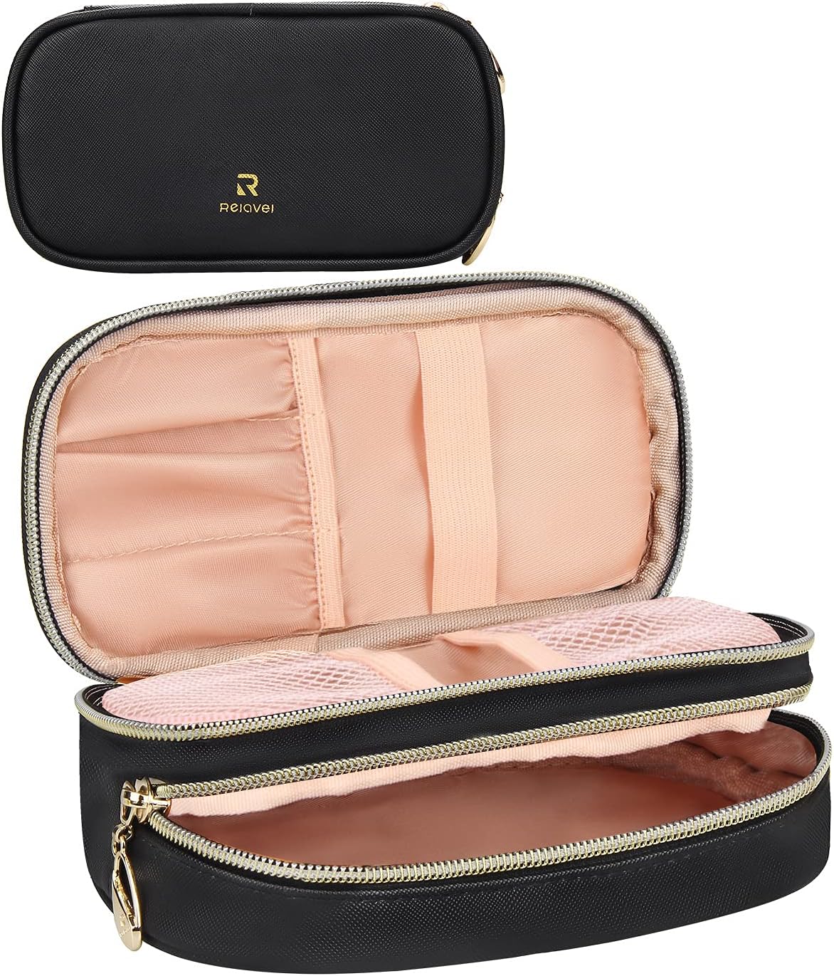 Makeup Bag Makeup Case for Women Dual Layer Compact Brush Holder Organizers Brush Organizer Makeup Storage for Women Girls Christmas Gift (Small, Black PU)