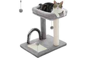 PEQULTI Cat Scratching Post Bed, Cat Scratcher with Sisal Covered Scratching Post and Pad, Self-Grooming Brush for Indoor Kittens and Cats
