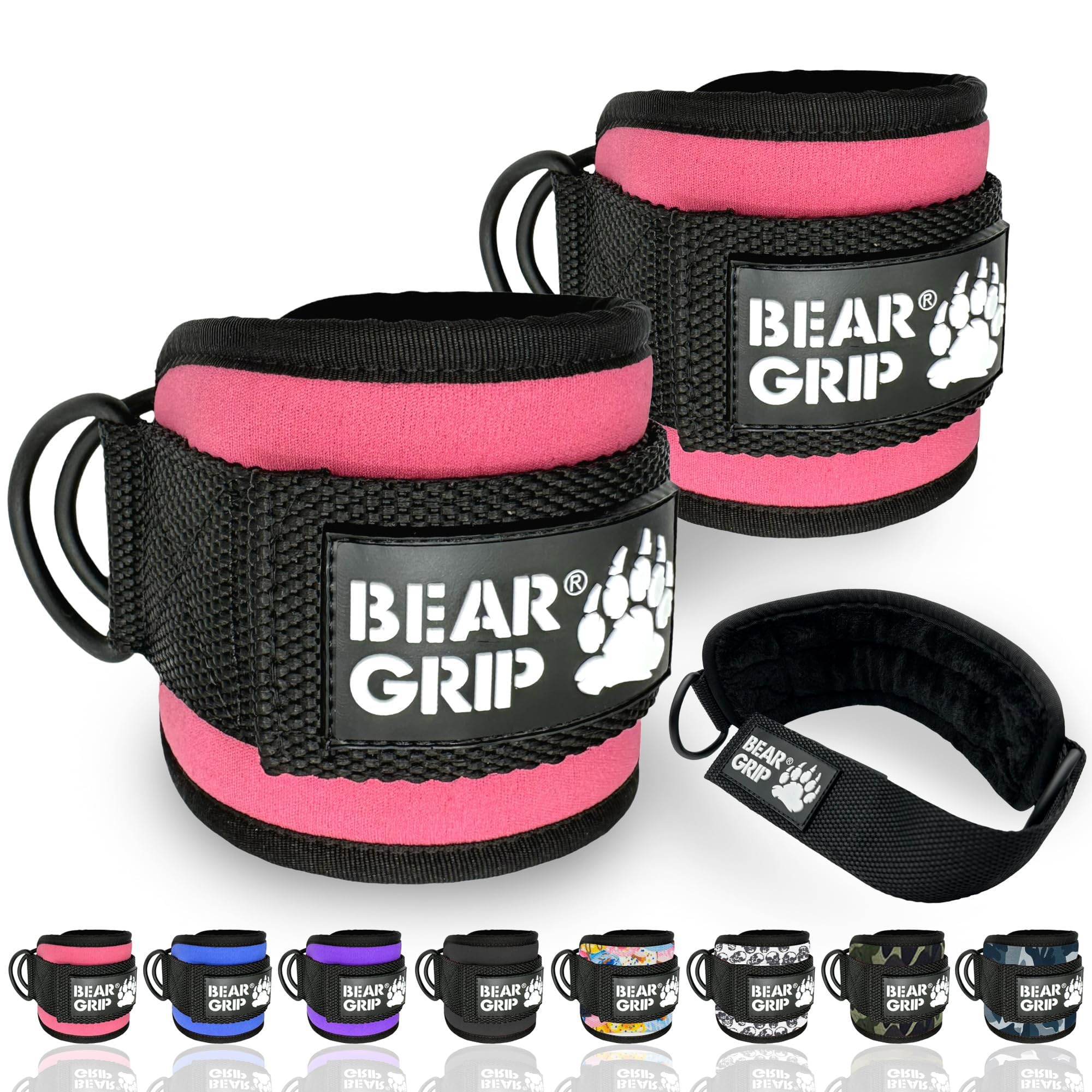 BEAR GRIP - Ankle Straps for Cables with New Fleece Design - Strong Closure, Double Stainless Steel D-Ring, Adjustable Neoprene - For Men & Women (Baby Pink Pair)