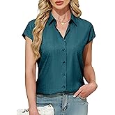 Ruisin Womens Linen-Look Cap Short Sleeve Button Down Shirts for Women Blouses Collared Shirt Summer Tops Wrinkle Resistant