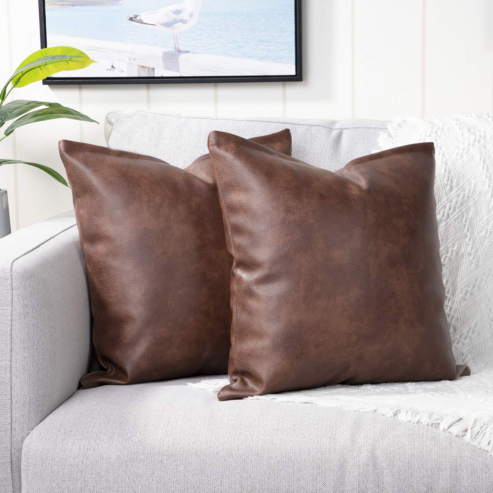YAERTUN Set of 2 Faux Leather Decorative Throw Pillow Covers Modern Solid Outdoor Cushion Covers Cases Luxury Pillowcases for Couch Sofa Bed 20x20 Inches Dark Brown