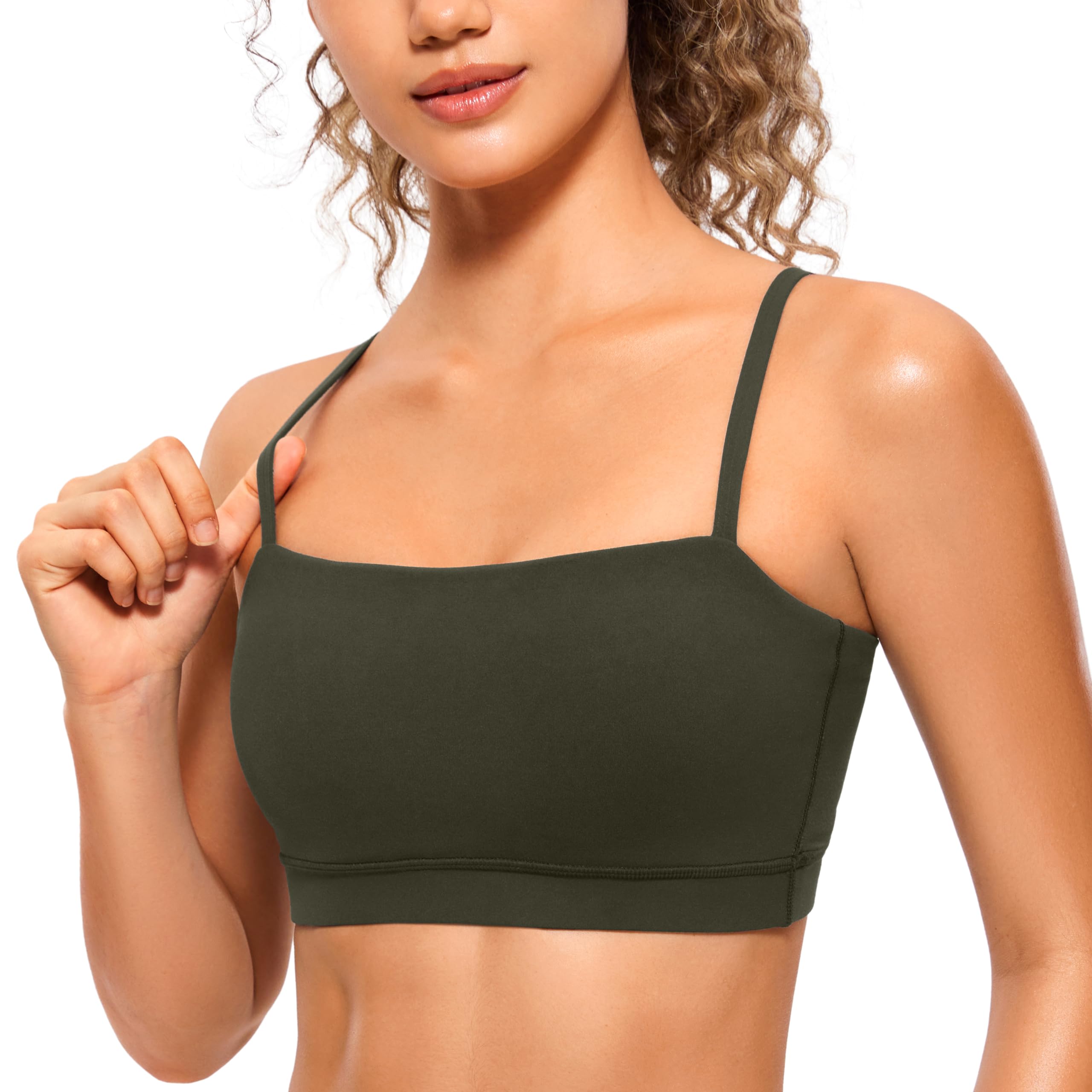 CRZ YOGA Butterluxe Womens Adjustable Spaghetti Thin Strap Sports Bra - Padded Wireless Square Neck Workout Yoga Clothes Olive Green XX-Small Image CRZ YOGA Butterluxe Womens Adjustable Spaghetti Thin Strap Sports Bra - Padded Wireless Square Neck Workout Yoga Clothes Olive Green XX-Small Image