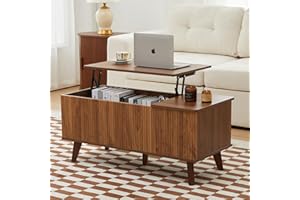 XUZENEST Wooden Fluted Lift Top Coffee Table with Hidden Compartment, Modern Rectangle Center Tables with Adjustable Storage Shelf, Lift Tabletop Dining Table for Home Living Room Office(Walnut)