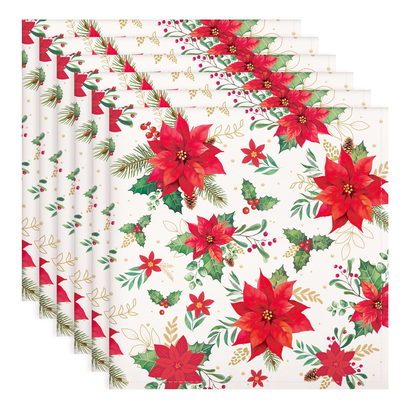 Arquiel Christmas Red Flower Napkins, 45 cm x 45 cm Dinner Cloth Napkins Set of 6, Washable Cotton Soft Absorbent Square Napkins for Dining Kitchen Party Wedding Decoration